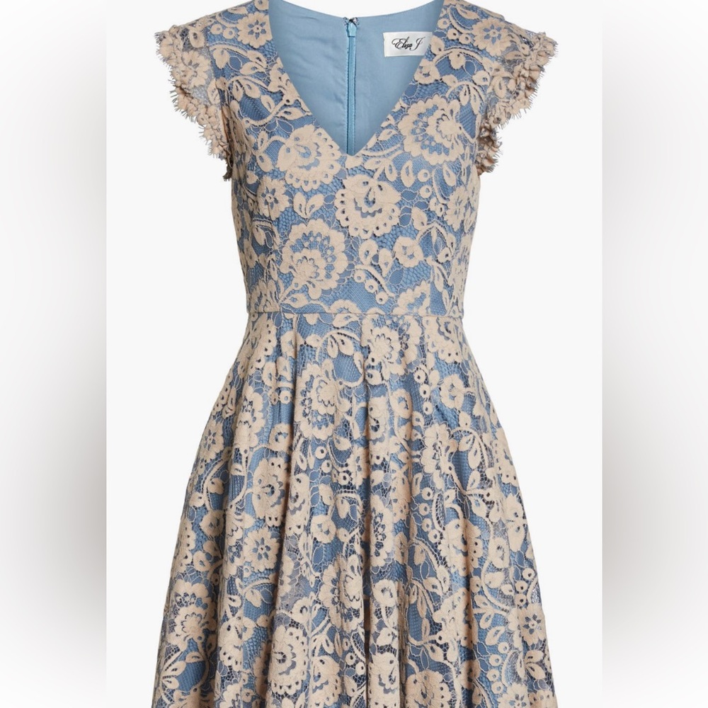 Eliza J Blue and Cream Pleated Fit and Flare Dress